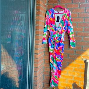 SHEIN Sxy Plus Allover Print Twist Front Cut Out Waist Split Thigh Dress